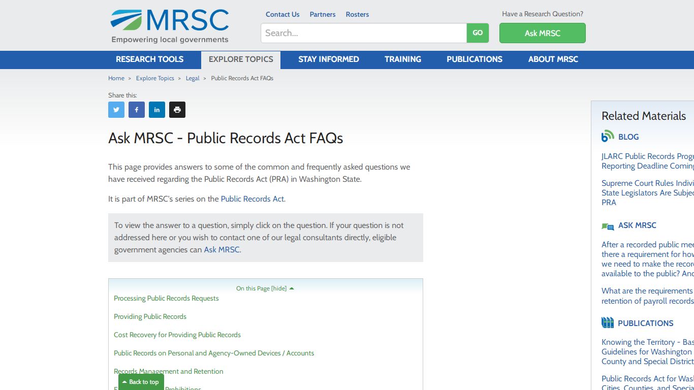 MRSC - Public Records Act FAQs